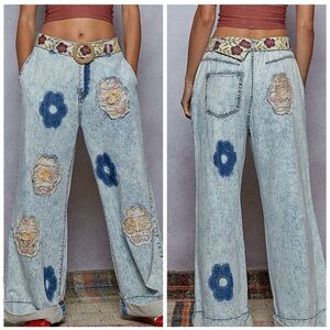 POL Light Blue Acid Wash Wide-Leg Jeans with Floral Patches